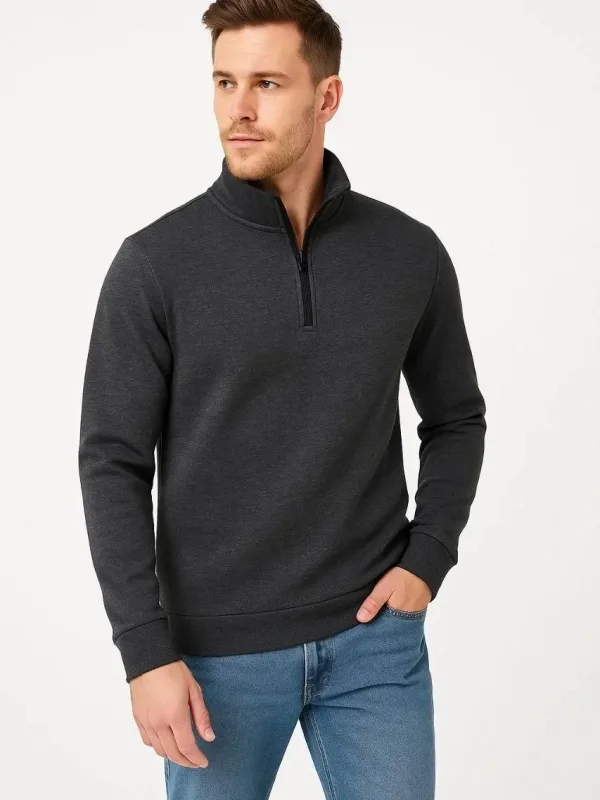 Men's Anthracite Stand Collar Half-Zip 3-Thread Cotton Sweatshirt 2