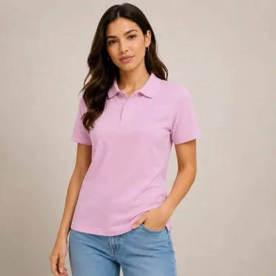 Women's Pink Basic Polo Neck Button Pique Fabric T-Shirt 3