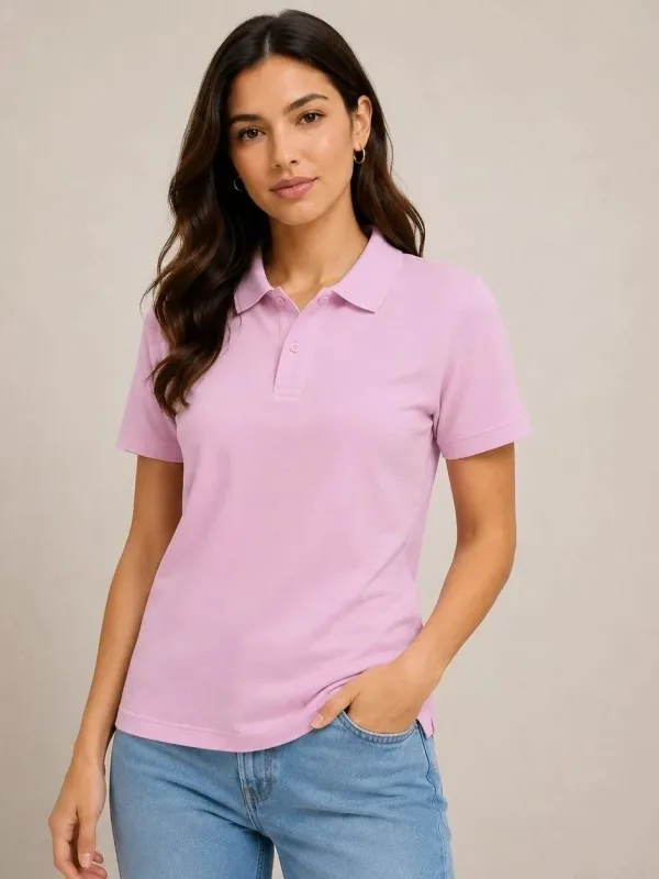 Women's Pink Basic Polo Neck Button Pique Fabric T-Shirt 3