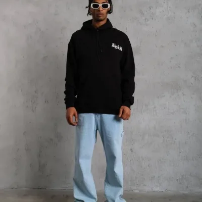 Muška crna 3-nitna pamučna kapuljača s kengur džepom i printom sweatshirt 4