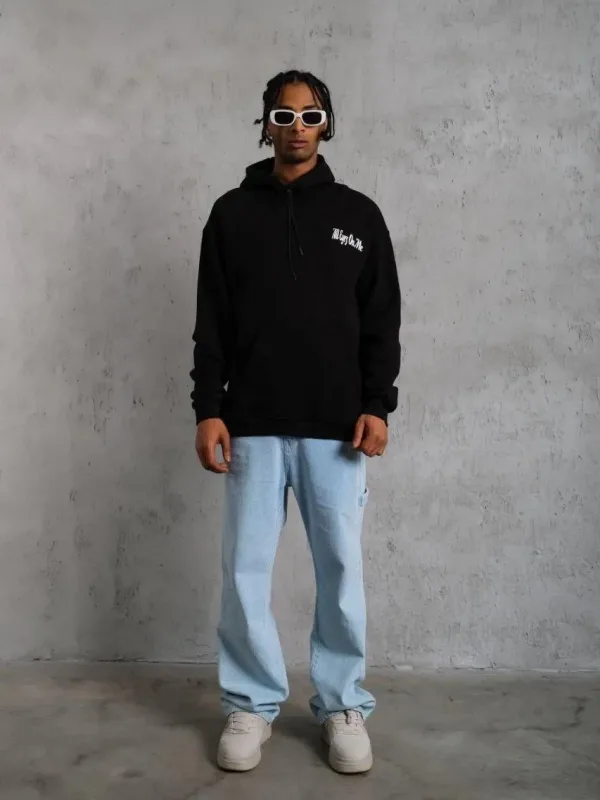 Muška crna 3-nitna pamučna kapuljača s kengur džepom i printom sweatshirt 4
