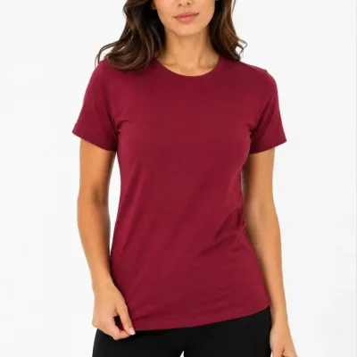 Kadın Bordo Slim Bisiklet Yaka Basic Kısa Kol Tişört 2
