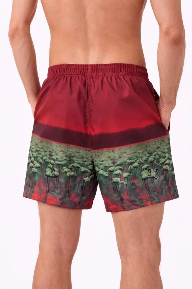 Erkek Kırmızı Fermuarlı Cepli File Astarlı Hızlı Kuruyan Deniz Şortu 2