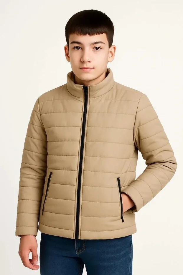 Dětská béžová péřová bunda s kapsami na zip, vodoodpudivá 4