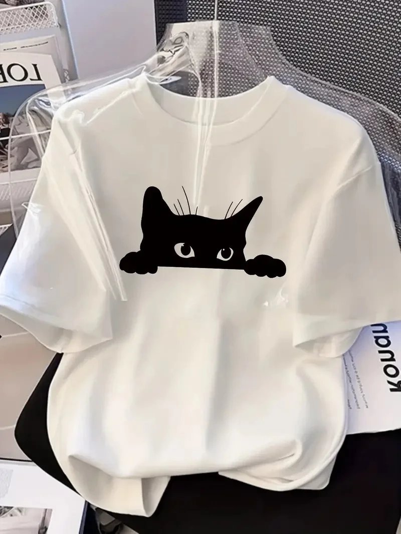 Kadın Beyaz Oversize Kedi Grafik Baskılı Nefes Alabilen Tişört