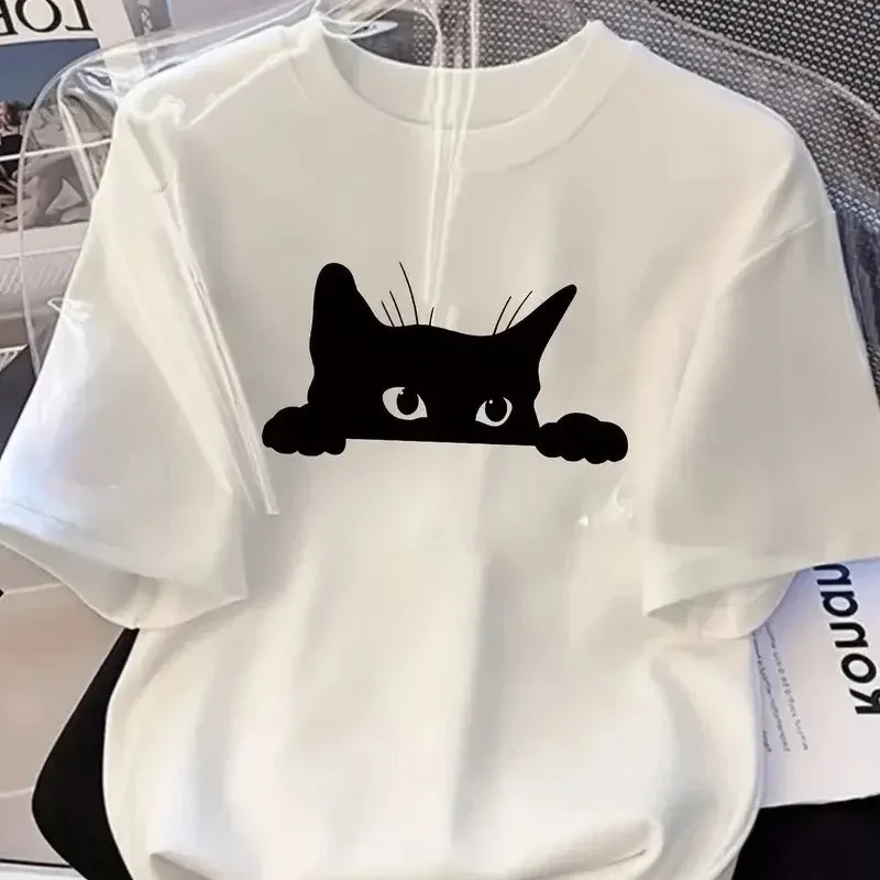 Bluzë e bardhë për femra, Oversize, me printim maceje, e ajrosur