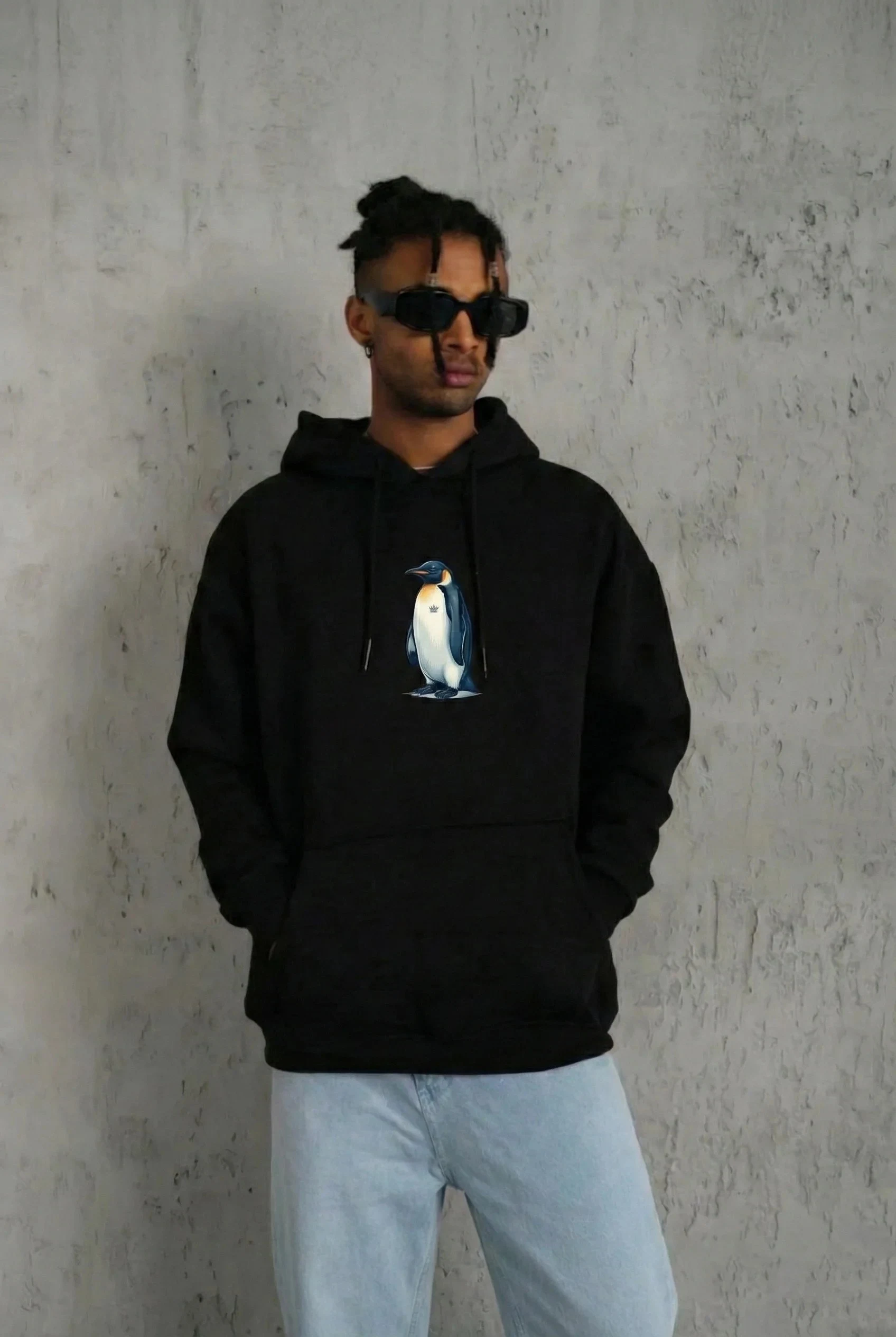 Men's Black 3-Thread Cotton Penguin Printed Hooded Sweatshirt