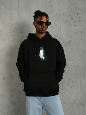 Men's Black 3-Thread Cotton Penguin Printed Hooded Sweatshirt