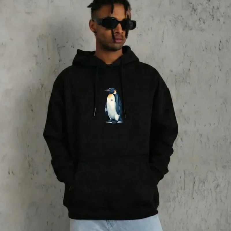Pánský černý bavlněný sweatshirt s kapucí a potiskem tučňáka, 3 nitě