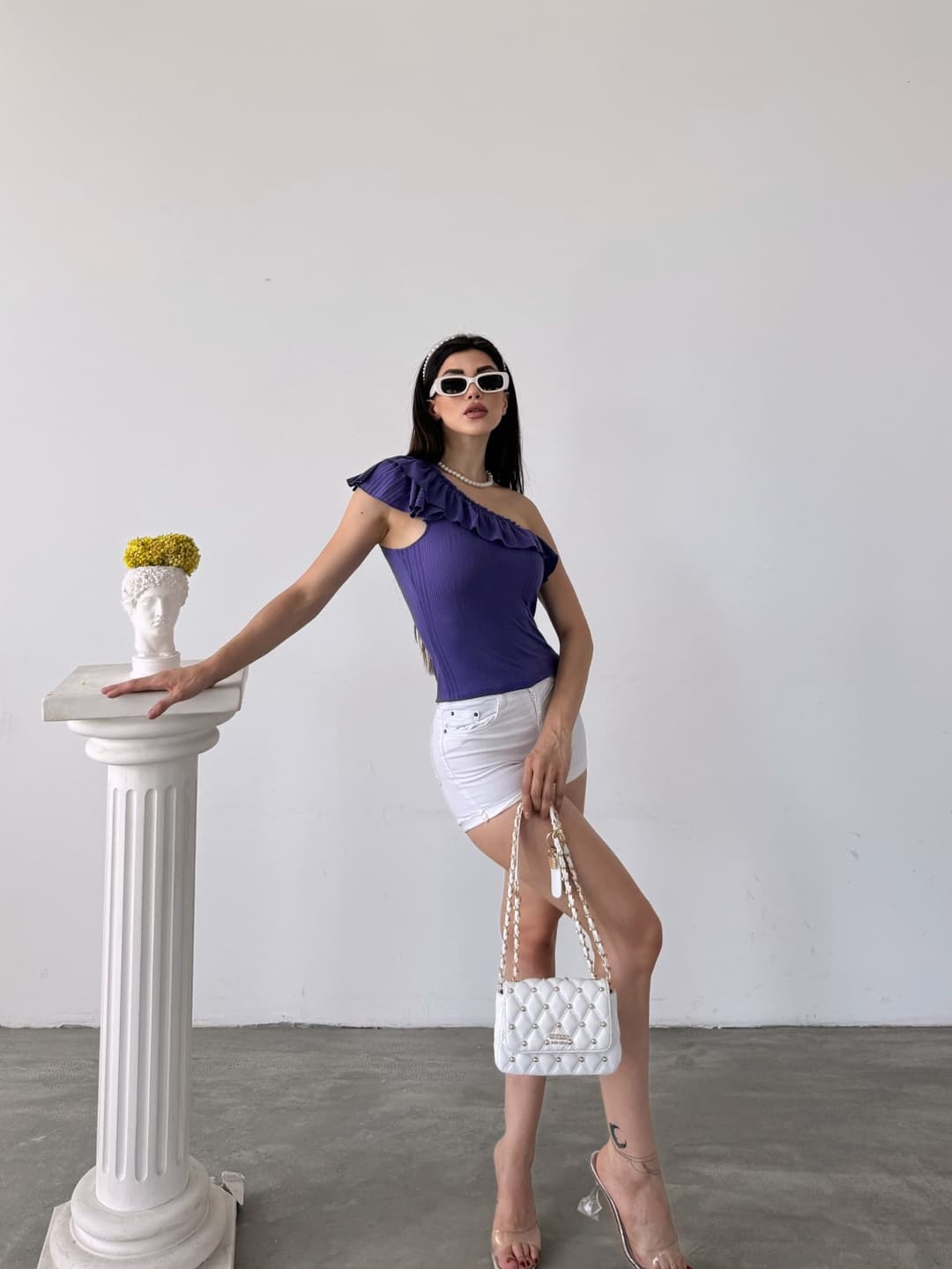 Tek Omuz Fırıfır Detaylı Bluz Mor