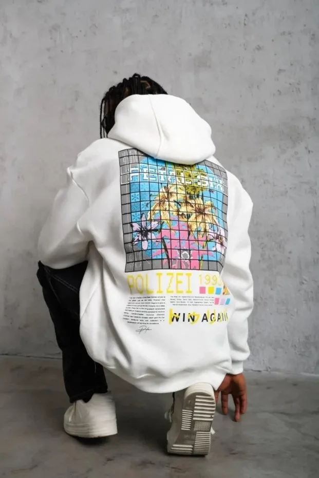 Bărbat Alb Oversize 3 Fire Bumbac Glugă Imprimat Sweatshirt 4