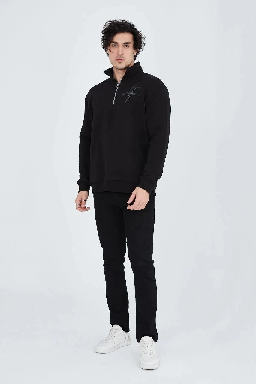 Men's Black Half-Zip 3-Thread Cotton Printed Sweatshirt