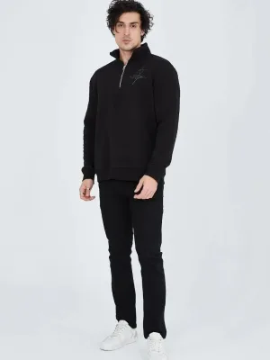 Men's Black Half-Zip 3-Thread Cotton Printed Sweatshirt