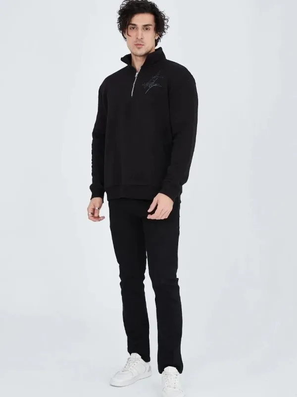 Men's Black Half-Zip 3-Thread Cotton Printed Sweatshirt 1