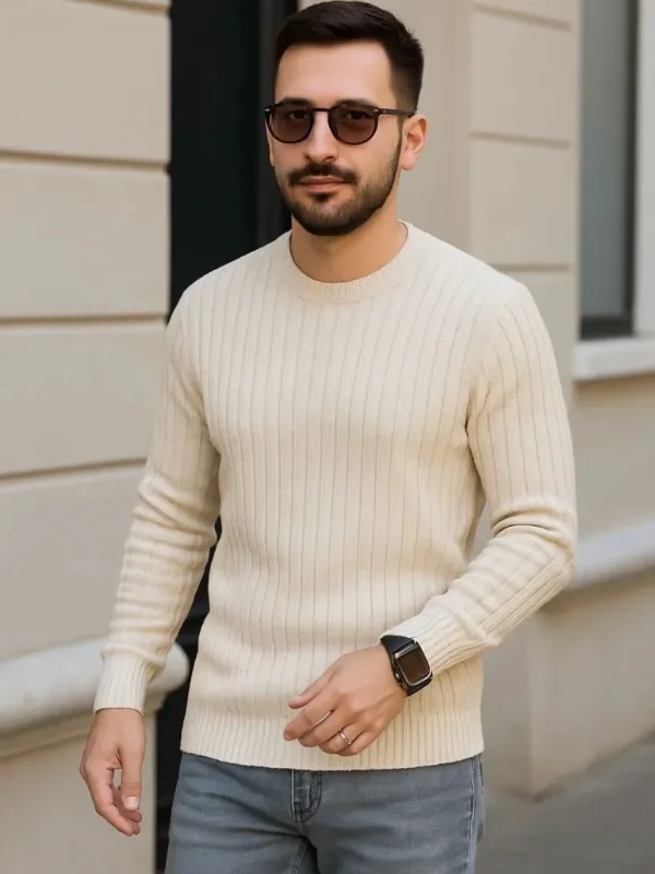 Muški bež crni beli debeli pamučni rebrasti triko džemper set 2