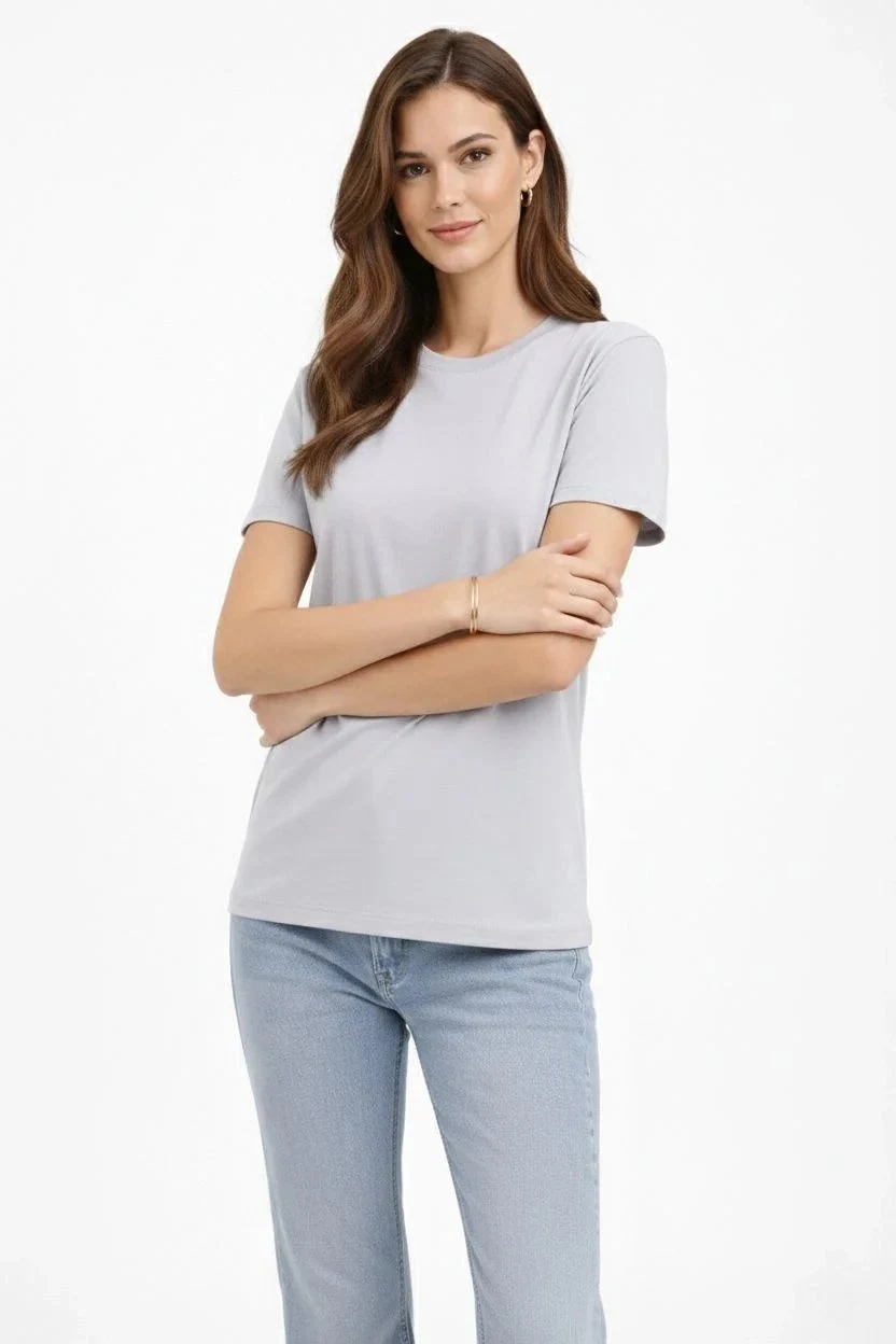 Women's Gray Regular Scoop Neck Short Sleeve Plain T-Shirt