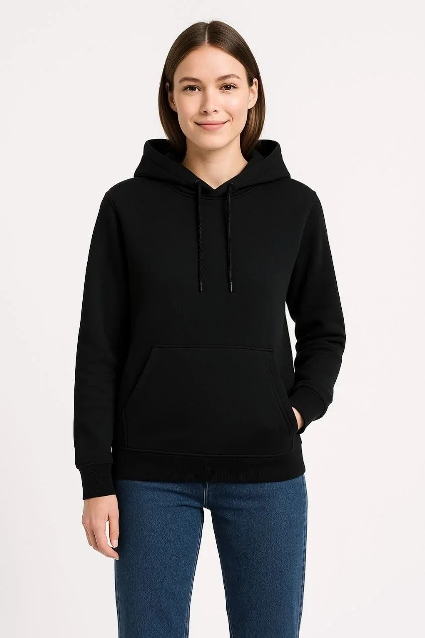 Women's Black 3-Thread Cotton Hooded Kangaroo Pocket Sweatshirt