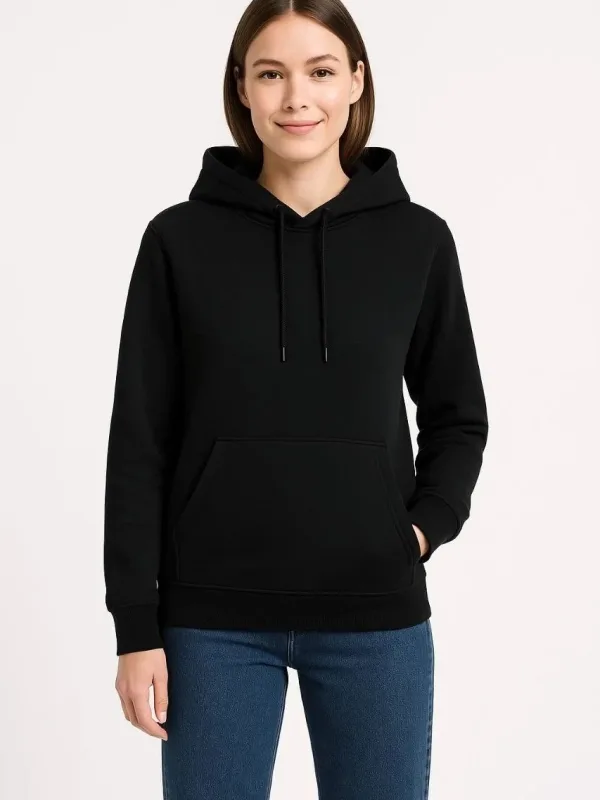 Women's Black 3-Thread Cotton Hooded Kangaroo Pocket Sweatshirt 1