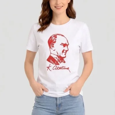 Ženska Bela Bicikli Kragna Ataturk Print Majica 2