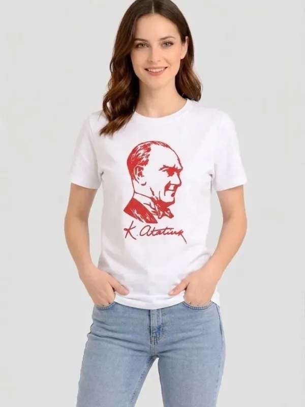 Ženska Bela Bicikli Kragna Ataturk Print Majica 2
