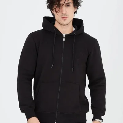 Muški crni 3-nitni pamučni full zip hoodie s džepovima 7
