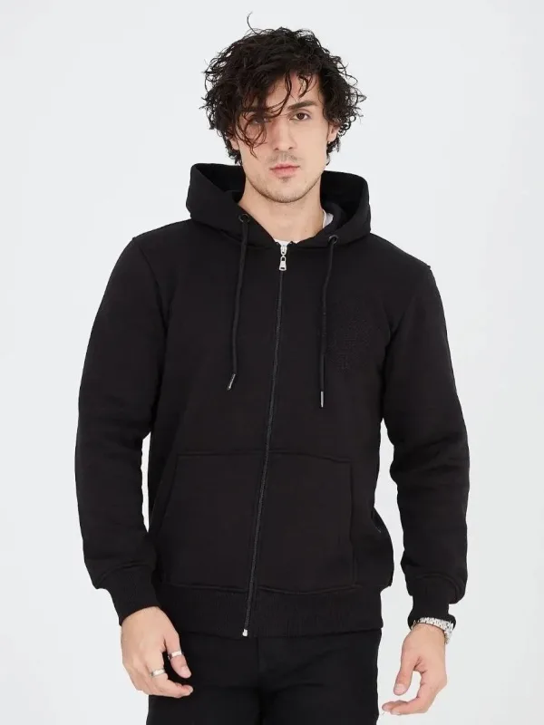 Muški crni 3-nitni pamučni full zip hoodie s džepovima 7