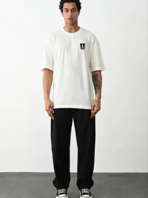Машка бела oversize бициклистичка јака печатена маица