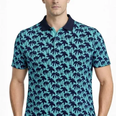 Man Turquoise Pique Fabric Palm Patterned Polo Collar T-Shirt 2