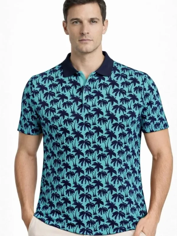 Man Turquoise Pique Fabric Palm Patterned Polo Collar T-Shirt 2