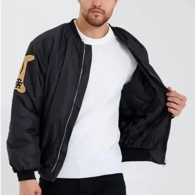 Erkek Siyah Oversize Bomber Kolej Mont Baskılı Su İtici Kapitone 2