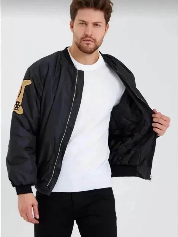 Erkek Siyah Oversize Bomber Kolej Mont Baskılı Su İtici Kapitone 2
