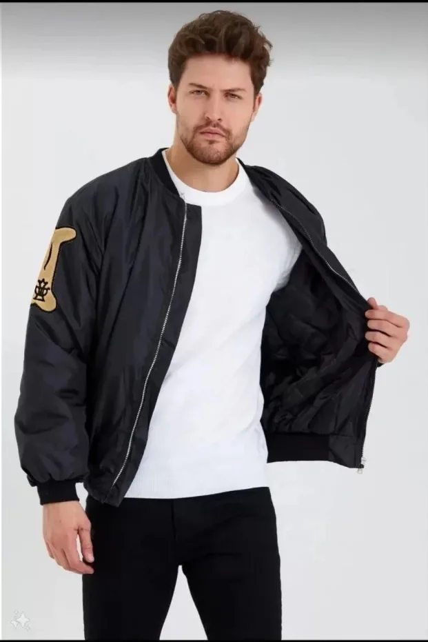Erkek Siyah Oversize Bomber Kolej Mont Baskılı Su İtici Kapitone 2