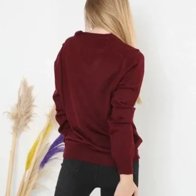 Women's Burgundy V-Neck Long Sleeve Plain Knit Sweater 4