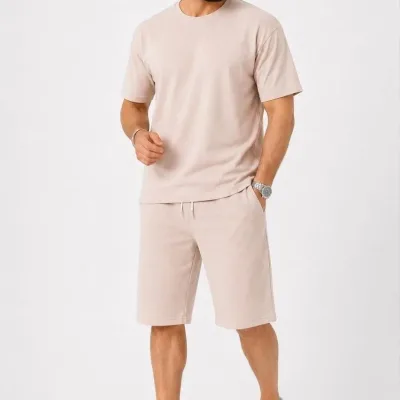 Bărbați Bej Două Fire Țesătură Guler Bicicletă Tricou Buzunar Sub Genunchi Șort Set 2