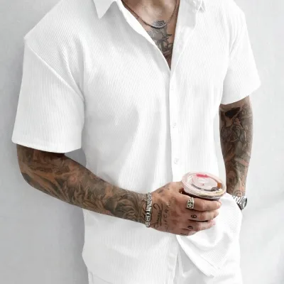 Bianco Oversize Cotone Costina Maschio Camicia 4
