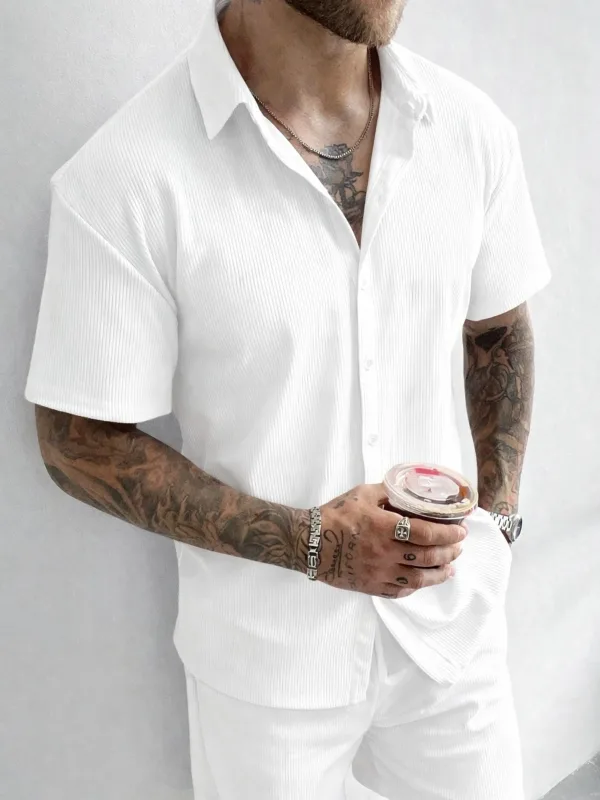 Bianco Oversize Cotone Costina Maschio Camicia 4