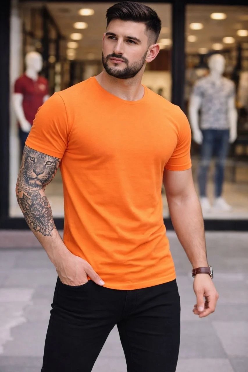 Narancssárga Férfi Slim Fit Kerékpárnyakú Elasztikus Body Póló 3
