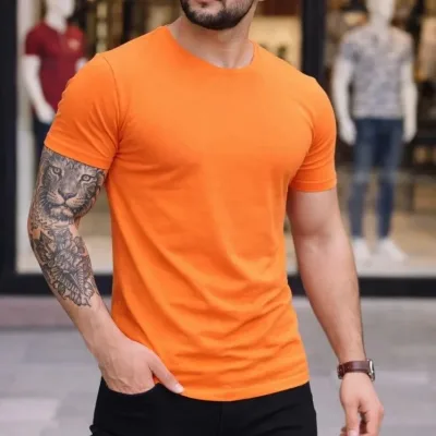 Pánské oranžové slim fit body s kulatým výstřihem, strečové 3
