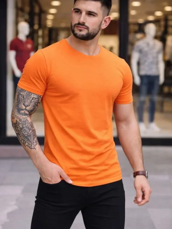 Pánské oranžové slim fit body s kulatým výstřihem, strečové 3