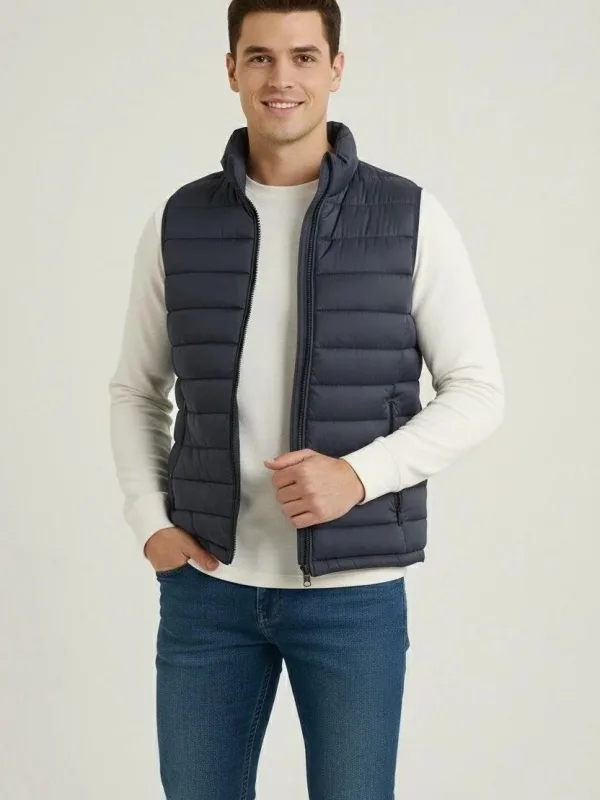 Men's Navy Water-Repellent Quilted Puffer Vest with Pockets
