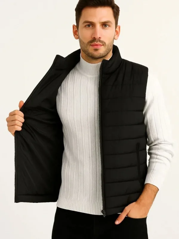 Men's Black Water-Repellent Puffer Zippered Quilted Vest with Pockets