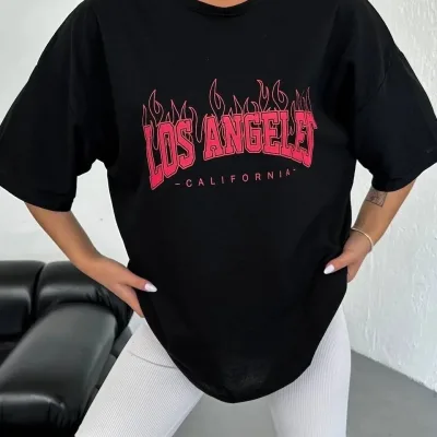 Ženska Crna Oversize Bicikli Kragna Los Angeles Štampana Majica 4