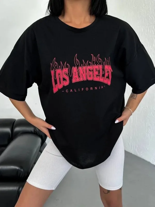 Ženska Crna Oversize Bicikli Kragna Los Angeles Štampana Majica 4