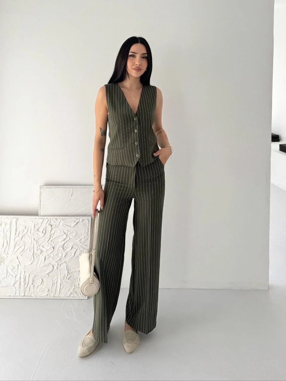 Femeie Kakii Dungată Țesătură Tansel Set Două Piese Vestă Pantaloni 2