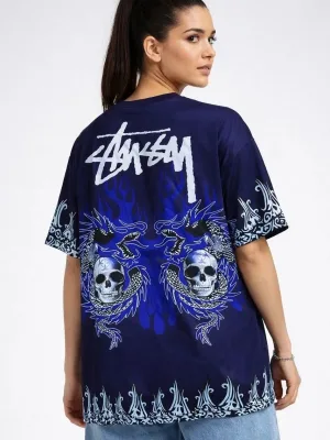 Tîşorta Jinan a Şînê Tarî, Oversize, Stûyê Bisîkletê, Çapa Ejderha û Serê Mirî