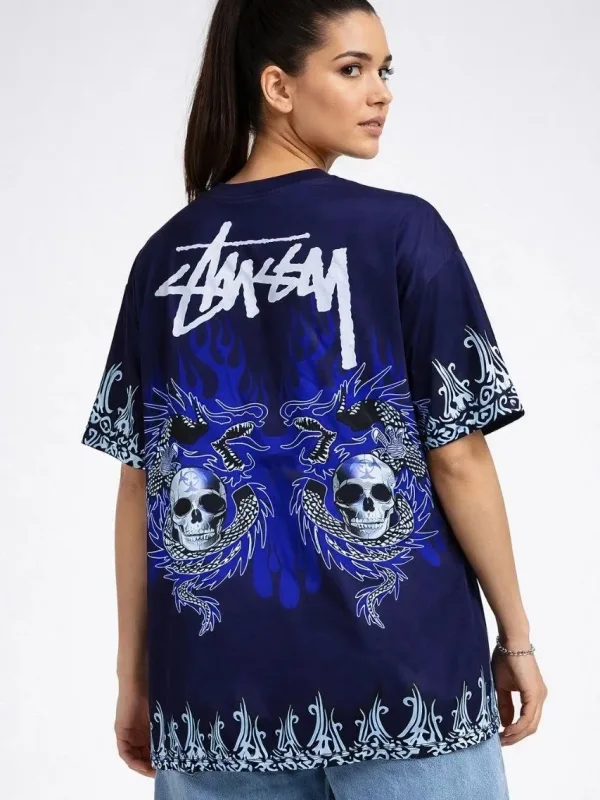 Tîşorta Jinan a Şînê Tarî, Oversize, Stûyê Bisîkletê, Çapa Ejderha û Serê Mirî 1