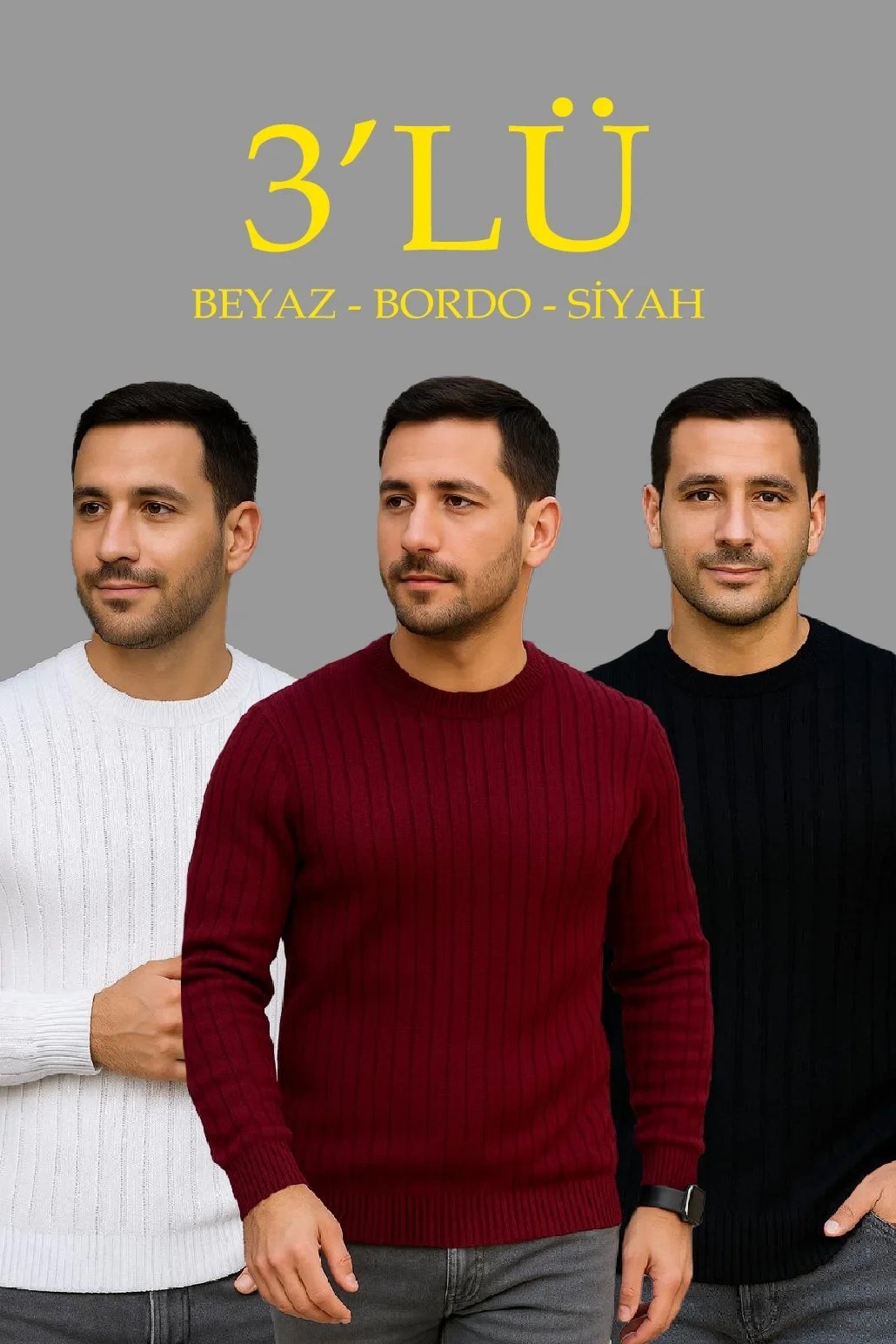 Mêrê Spî Bordo Reş Fitilli Bisîklet Yaka Stûr Triko Kazak Set