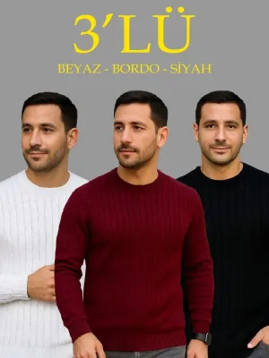 Men's White Bordeaux Black Ribbed Crew Neck Thick Knit Sweater Set