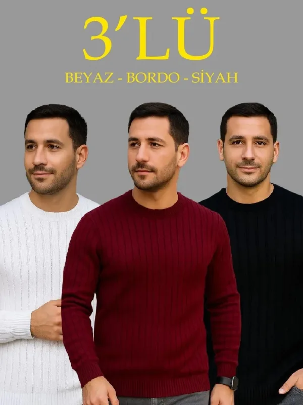 Men's White Bordeaux Black Ribbed Crew Neck Thick Knit Sweater Set 1