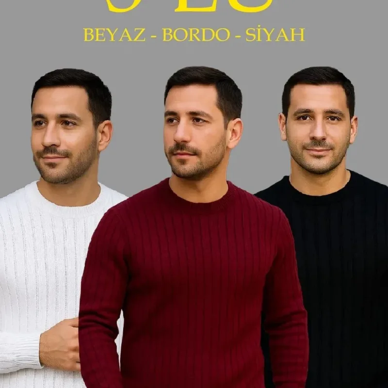 Men's White Bordeaux Black Ribbed Crew Neck Thick Knit Sweater Set